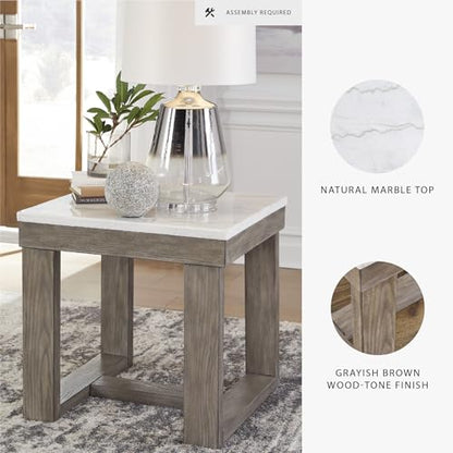 Signature Design by Ashley Square Marble End Table, 24 in, Grayish Brown | Premium natural stone surface for unique character, Sturdy oak veneer and MDF substrate trestle base, Loyaska Series - color: Two Tone