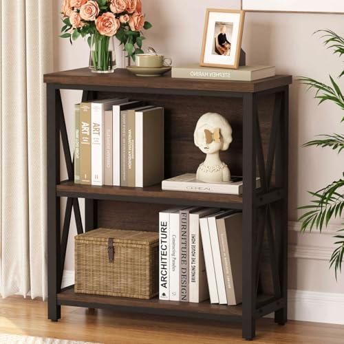 Small Bookshelf, Rustic Book Shelf for Small Space, Low Short Bookcase, Industrial Wood and Metal Bookshelf and Bookcase for Living Room (Rustic Brown) - color: Rustic Brown, size: Without Drawer