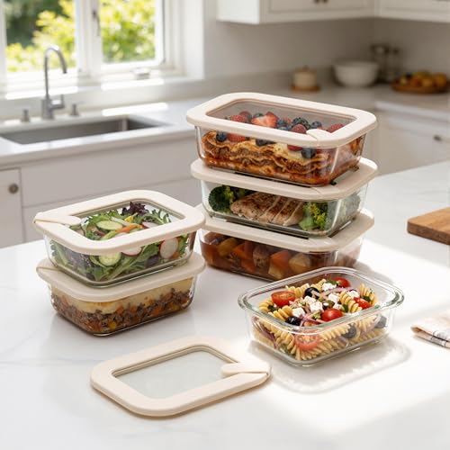 Urban Green Glass Food Storage Containers with Glass Lids, Microwave Safe Food Container Set, Aitight Meal Prep Container Set, LeakProof, 100% Plastic Free, 6 Pack - color: Ivory White - 6RT