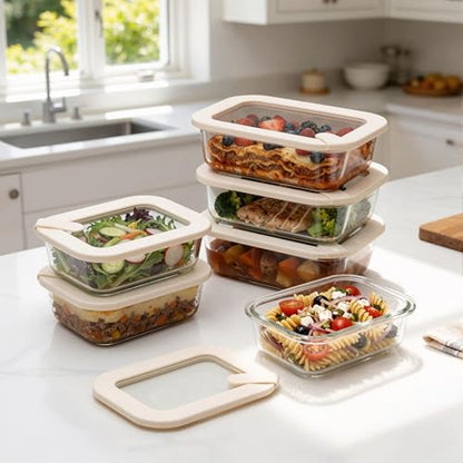 Urban Green Glass Food Storage Containers with Glass Lids, Microwave Safe Food Container Set, Aitight Meal Prep Container Set, LeakProof, 100% Plastic Free, 6 Pack - color: Ivory White - 6RT