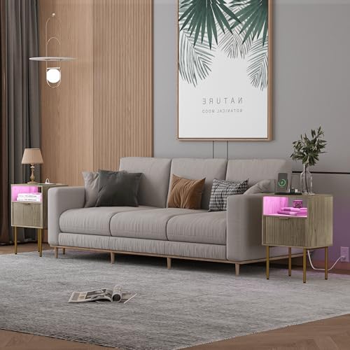 JOONEE Modern Nightstand with Charging Station and LED Lights, White Bedside Table with Drawer, Fluted Side Table for Living Room, Bedroom - color: Grey
