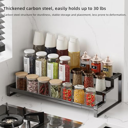 3 Tier Expandable Spice Rack Organizer, Heavy-Duty Black Metal Seasoning Organization Shelf for Cabinet, Kitchen & Pantry, Tiered Spice Shelf With Safety Lock, For Jars & Bottles, Countertop Storage