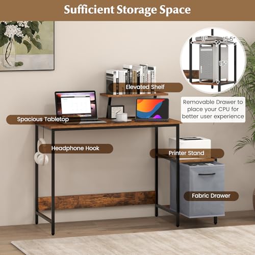 Tangkula Computer Desk with Charging Station, Home Office Desk with Reversible Fabric Drawer, Headphone Hook & Elevated Shelf, Study Writing Table, Industrial PC Workstation for Home