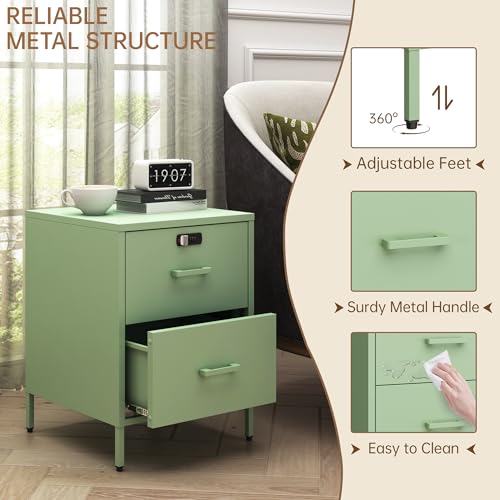 Steehoom Metal Nightstand with Lock, 2 Drawer End Side Table, Lockable Storage Cabinet Kids Cabinet for Living Room, Bedroom, Dorm, 21.26”H X 15.75”W X 15.75”D (2 Drawer, Green) - color: Green, style: 2 Drawer