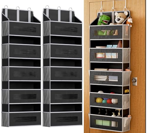 2 Pcak 5 Tier Over The Door Organizer - Large Capacity Behind Door Hanging Shelves with 10 Mesh Pockets and Clear Windows, Closet Organizers and Storage for Bathroom, Bedroom, Nursery, Black - color: Black, size: 2 PACK