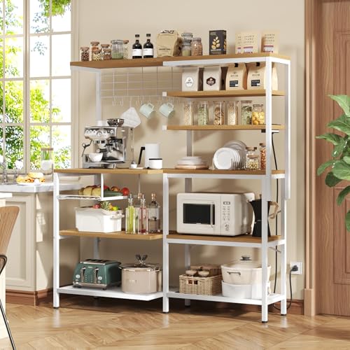 L-Shaped Bakers Rack with Power Outlet | 6-Tier Microwave Stand with Open Storage, Kitchen Shelf with Hooks, Coffee Bar with Wire Basket, White - color: White