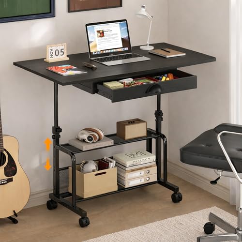 Adjustable Height Small Computer Desk with Drawers, Portable Rolling Desk for Seated Use, 32" Laptop Desk for Home Office Bedroom Living Room, Black