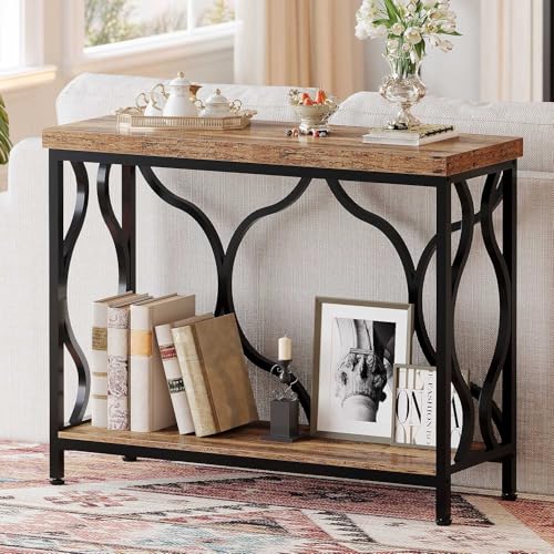 IBF 39.4" Narrow Console Table, Farmhouse Entryway Table in Living Room Hallway Foyer Entrance, Industrial Wood Metal Sofa Table Entry way Behind Couch Tables with 2-Tier Storage Shelves, Rustic Brown - color: Rustic Brown Oak, size: 39 Inch