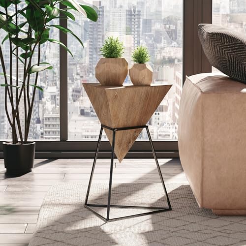 COZAYH Modern Geometric End Table with Wooden Top and Metal Base, Unique Pyramid Side Table Plant Stand for Office, Living Room, Bedroom, Fully Assembled, Triangle, Brown, Nature - color: Brown