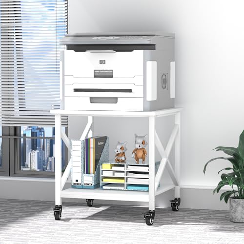 Printer Stand, 23.6 x 23.6 Inches Large Printer Stand with Storage Shelf, 2 Tier Printer Table for Home Office, Rolling Printer Cart with Industrial Wheels, Mini Fridge Stand Table, White - color: White