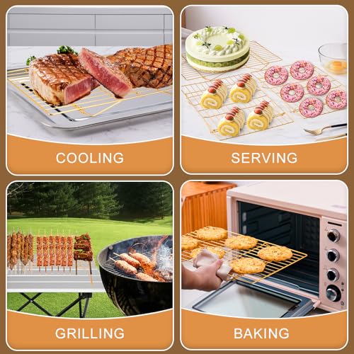 Cooling Rack for Baking 3 Tiers, 16" x 10" Cookie Cooling Wire Rack Stackable Collapsible Nonstick, Stainless Steel Baking Cooking Cooling Racks with Optimum Air Flow, Gold - color: Gold, size: 16"x10"-3Tier