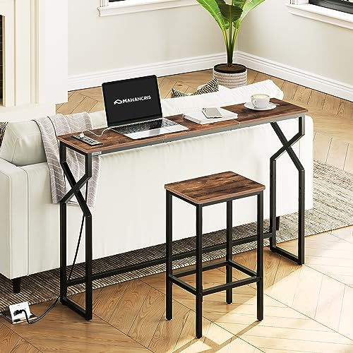 MAHANCRIS 44.9" Sofa Table, 9.4" Narrow Console Table with Charging Station, Couch Table Behind Sofa with Outlet, Entryway Table with Display Shelf, Living Room, Rustic Brown CTHR113E01 - color: Rustic Brown + Black