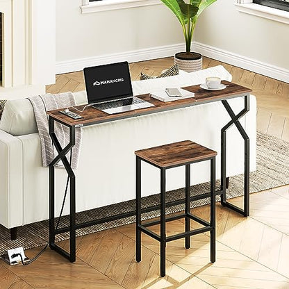 MAHANCRIS 44.9" Sofa Table, 9.4" Narrow Console Table with Charging Station, Couch Table Behind Sofa with Outlet, Entryway Table with Display Shelf, Living Room, Rustic Brown CTHR113E01 - color: Rustic Brown + Black