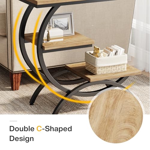 Tribesigns C-Shaped End Table Set of 2, Industrial 3-Tier Small Side Table for Couch, Wood Bedside Table Snack Side Table with Storage Shelves for Living Room Small Space, Light Brown - color: Light Brown