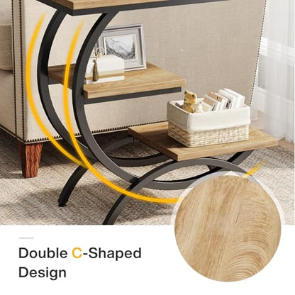 Tribesigns C-Shaped End Table Set of 2, Industrial 3-Tier Small Side Table for Couch, Wood Bedside Table Snack Side Table with Storage Shelves for Living Room Small Space, Light Brown - color: Light Brown