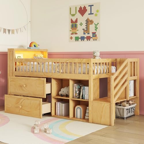 Twin Size Loft Bed with LED and Bookshelf, Wood Low Loft Bed with Stairs,Twin Loft Bed with Storage Drawers and Shelves, Natural