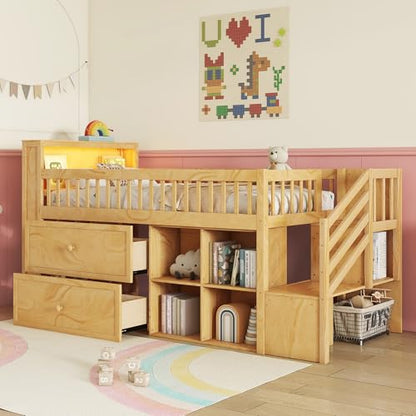 Twin Size Loft Bed with LED and Bookshelf, Wood Low Loft Bed with Stairs,Twin Loft Bed with Storage Drawers and Shelves, Natural
