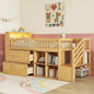 Twin Size Loft Bed with LED and Bookshelf, Wood Low Loft Bed with Stairs,Twin Loft Bed with Storage Drawers and Shelves, Natural