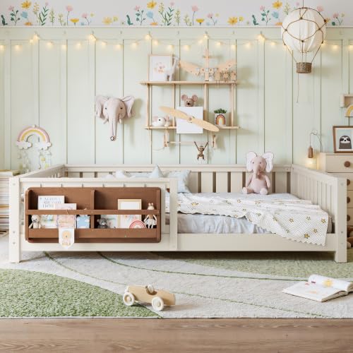 Bellemave Kids Queen Bed Frame with Bookshelf & Safety Guardrails, Solid Wood Montessori Floor Bed with Low-Profile Design for Kids Girls Boys (Beige/Queen) - color: Beige, size: Queen