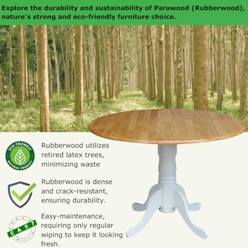 42" Round Dual Drop Leaf Pedestal Dining Table, Solid Wood, Easy Assembly, 20mm Top Thickness, Kitchen/Dining Room, Includes Two 9" Drop Leaves, Durable Parawood Construction, Unfinished - color: Natural/White