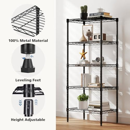 DUMOS 5-Tier Metal Wire Storage Shelves, Adjustable Standing Storage Rack Shelf, Heavy Duty Steel Shelving Unit Organizers for Kitchen Bathroom Pantry Garage, 23.2" Wx13.4 Dx59.8 H, Black - size: 5 Tiers-59.8"H without wheels