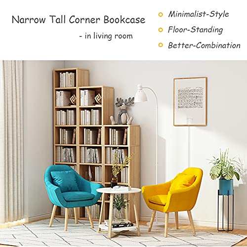 IOTXY Small Narrow Corner Bookcase - 47 Inches Tall Gap Freestanding Storage Cabinet, 5 Lattices Open Shelves Tower Rack, Cubes Bookshelf in Oak | Modern Minimalist Style, MDF Material, Adjustable Movable Shelves, 4 Latticed Tower Rack with a Door, Space-