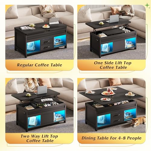 WLIVE 40" Lift Top Coffee Table, 4 in 1 Coffee Tables with Storage, 2 Fabric Drawers, LED Light and USB, Modern Coffee Table with Hidden Compartment for Living Room, Dining Room, Black - color: Black