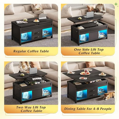 WLIVE 40" Lift Top Coffee Table, 4 in 1 Coffee Tables with Storage, 2 Fabric Drawers, LED Light and USB, Modern Coffee Table with Hidden Compartment for Living Room, Dining Room, Black - color: Black