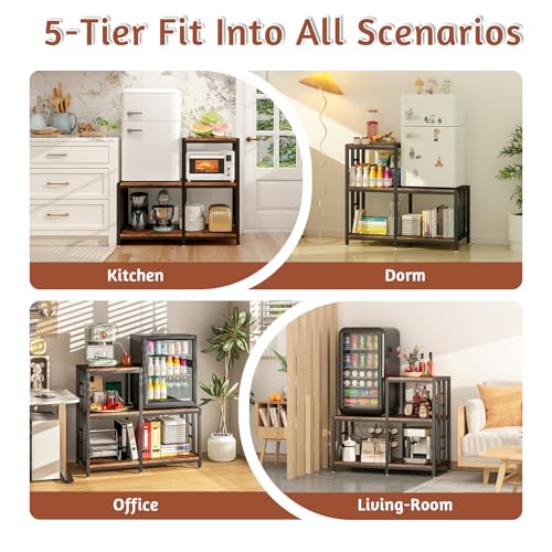 METYERRY 5-Tier Mini Fridge Stand, Bakers Rack with Storage,Multi-Purpose Microwave Stand,Mini Fridge Cabinet,Mini Fridge Shelf for Office,Kitchen,Living Room,Coffee Bar,Rustic Brown - color: Rustic