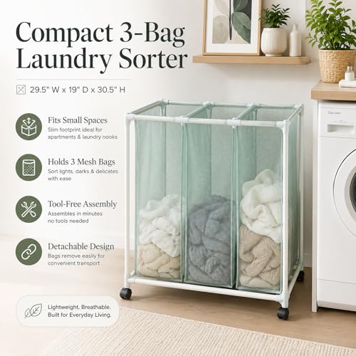 3-Bag Mesh Rolling Laundry Sorter Cart, Soft Silver, Removable Washable Bags, Easy-Roll Casters, Rust-Resistant PVC Tubing Frame w/ABS Corners, 29.5 x 19 x 30.5 in, for Dorm & Laundry Room