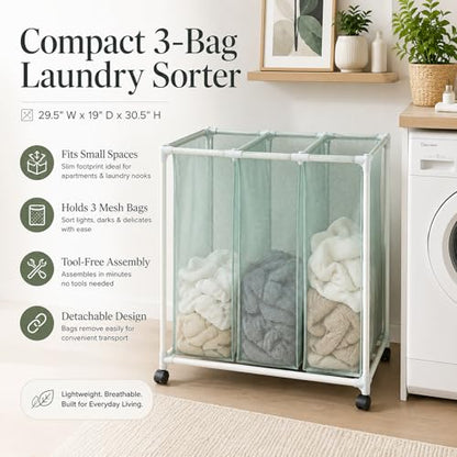 3-Bag Mesh Rolling Laundry Sorter Cart, Soft Silver, Removable Washable Bags, Easy-Roll Casters, Rust-Resistant PVC Tubing Frame w/ABS Corners, 29.5 x 19 x 30.5 in, for Dorm & Laundry Room