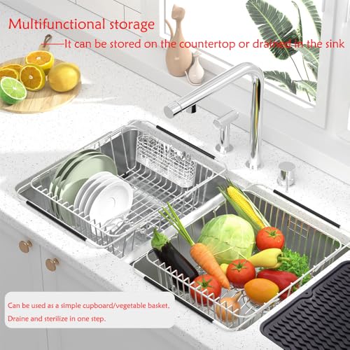 NiuYichee Stainless Steel Dish Drying Rack(15"L X 11"W X 4.1"H), Expandable Fruit & Vegetable Drain Rack over Sink, Dish Drainer Rack in Sink, with Stainless Steel Utensil Holder & Silicone Mat(16") - size: Large【15" X 11"】