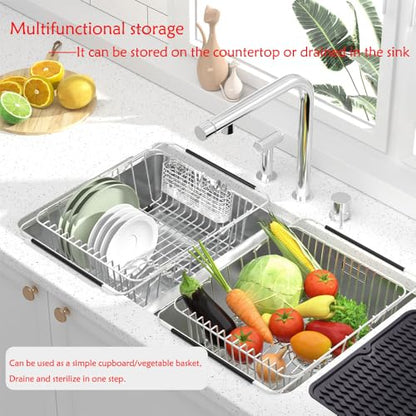 NiuYichee Stainless Steel Dish Drying Rack(14.2"L x 9.5"W x 4.1"H), Expandable Fruit & Vegetable Drain Rack over Sink, Dish Drainer Rack in Sink, with Stainless Steel Utensil Holder & 16" Silicone Mat - size: Small【14.2" X 9.5"】