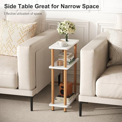 Apicizon 3 Tier End Table, Narrow Side Table with Storage Shelf, Bedroom, Living Room, Entryway, Farmhouse, White and Natural - color: White and Natural, style: Narrow Side Table