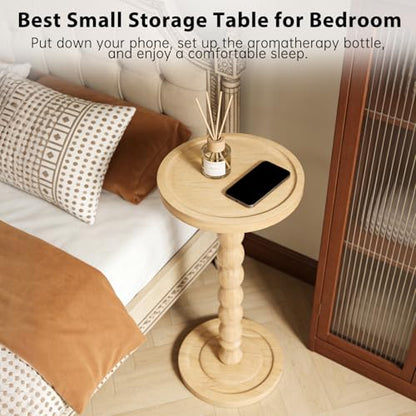 Small Round Side Table for Small Spaces | Wood Pedestal Drink Table & Narrow End Table for Living Room Couch, Modern Bedside Nightstand for Bedroom (Natural Wood) - color: Natural Wood