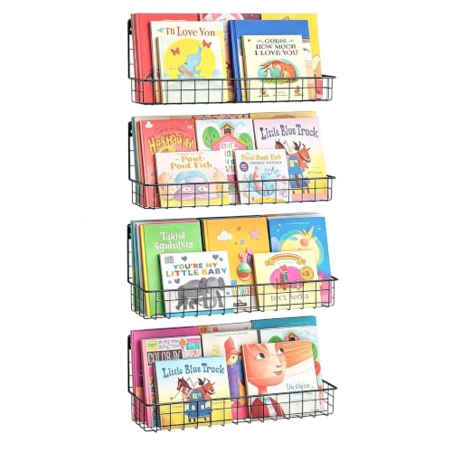 X-cosrack 4-Pack Wall Mounted Metal Kids Bookshelf, Floating Book Shelves for Kids Nursery Toddler Classroom, Hanging Book Shelf Organizer for Room Decor, Black - color: Black - 4 Pack, size: 16.6 Inch
