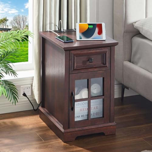 Farmhouse end tables living room, Cherry Side Table with Charging Station | Bedside Table with USB Ports and Outlets, Nightstand with Drawer and Glass Door Storage, for Living Room, Bedroom, Office - color: Cherry