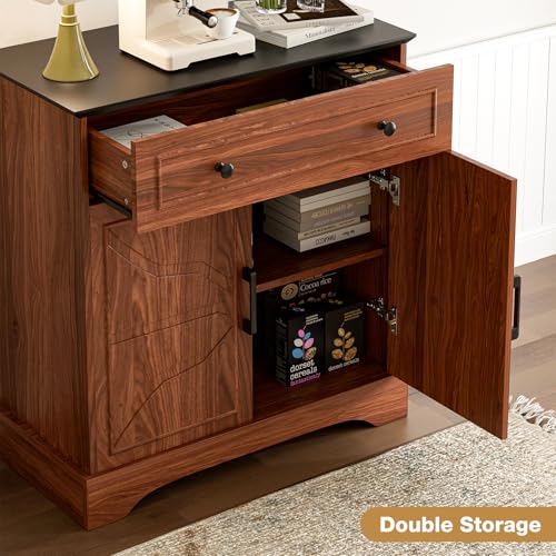 LCRBOL Sideboard with Drawer & Doors, Mid-Century, Matte Black Top & Walnut | 30"W x 15.2"D x 32.2"H, 100 lbs top / 30 lbs shelf, 1 drawer & 2-door cabinet, adjustable shelf, soft-close hinges - color: Walnut