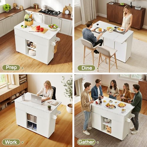 weselon 47" Mobile Kitchen Island with Storage, Rolling Kitchen Cart with Drop Leaf, Kitchen Island on Wheels with 2 Drawers & Adjustable Shelves, Towel Rack & Hooks, Faux Marble Top (White)