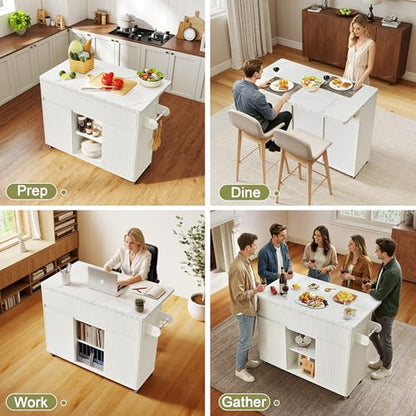 weselon 47" Mobile Kitchen Island with Storage, Rolling Kitchen Cart with Drop Leaf, Kitchen Island on Wheels with 2 Drawers & Adjustable Shelves, Towel Rack & Hooks, Faux Marble Top (White)