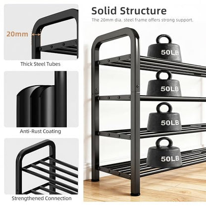 STORAGE MANIAC 4-Tier Expandable Shoe Rack, 16 Pairs Adjustable Shoe Shelf for Closet, Entryway, Hallway, Garage, Dorm, Heavy-duty Metal Shoe Organizer for Small Space, Black