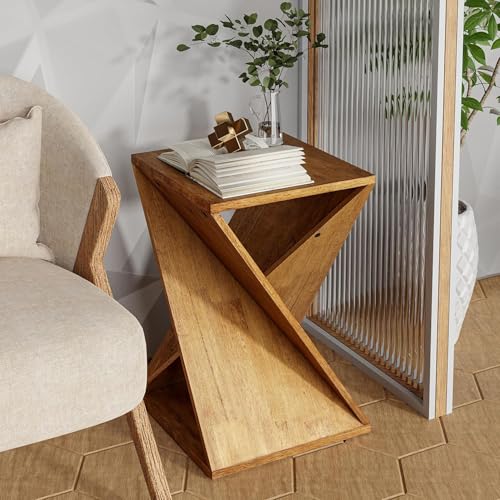 COZAYH Rustic Farmhouse Geometric Style End Table with Twisted X Base, Modern Square Accent Side Table for Living Room, Bedroom, or Office, Brown - color: Natural Wood