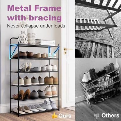 6 Tier No-Assembly Shoe Rack, Foldable Shoes Rack Organizer Without Installation, Portable Solid Metal Shoe Shelves for Closet, Entryway, Front Door Entrance - size: 6 Tier