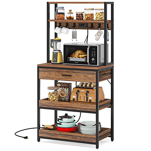 LITTLE TREE Kitchen Baker’s Rack with Power Outlets, Freestanding 5-Tier Microwave Stand with Drawers & Sliding Shelves, Coffee Bar with 6 Hooks for Dining Room Living Room, Rustic Brown - color: Rustic Brown