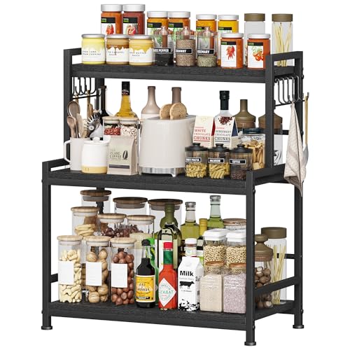 23.6"W Large Kitchen Countertop Organizer, 3 Tier Spice Rack Organizer with Adjustable Shelf and 10 Hooks, Wooden Counter Organizer, Countertop Shelf Microwave Stand for Kitchen, Coffee Bar, Black - color: Black, size: Large