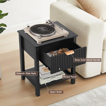 Small Nightstand with Drawer, Mid Century Modern Nightstand for Bedroom, Fluted End Table with Storage for Living Room, Couch, Sofa, Bedside, Office, Desk Side Table for Small Spaces-Black - size: 1 Piece