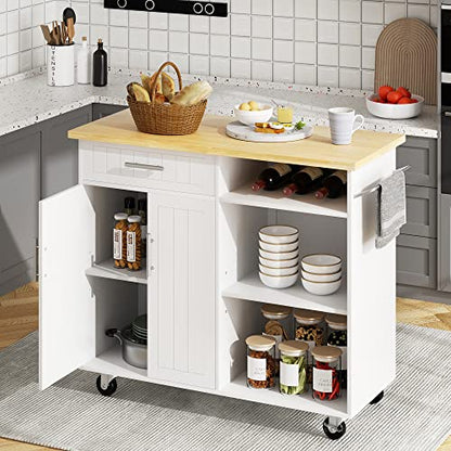 SUNLEI Kitchen Island with Storage Cabinet, 42" Kitchen Cart on Wheels with Shelves, Cart Handle for Towel Rack or Free Mobility, Portable Islands for Kitchen(Stylish White, 42-INCH) - size: 42 INCH, style: White