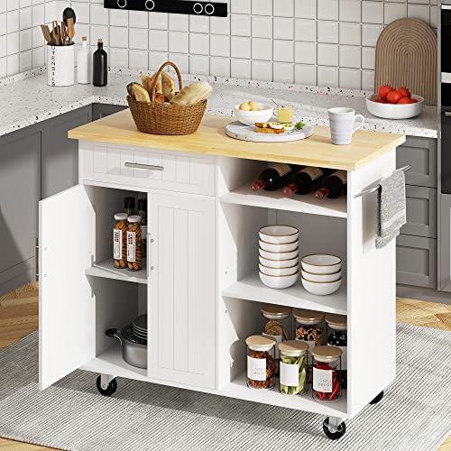 SUNLEI Kitchen Island with Storage Cabinet, 42" Kitchen Cart on Wheels with Shelves, Cart Handle for Towel Rack or Free Mobility, Portable Islands for Kitchen(Stylish White, 42-INCH) - size: 42 INCH, style: White