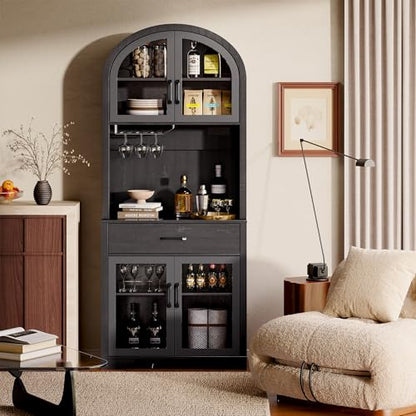 Arched Kitchen Pantry Storage Cabinet, Black Wooden Coffee Bar Cabinet with Drawers, Kitchen Hutch Dining Room Storage Cabinet with Charging Station and LED Light, Kitchen Hutch with Countertop - color: Black