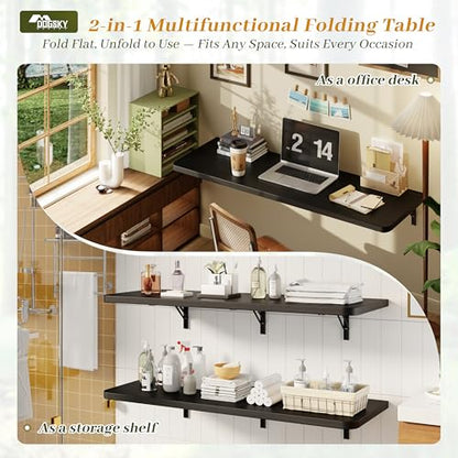 Dogsky 48" x 16" Floating Wall Desk, Fold Down Wall Table - 300 lbs Heavy Duty Solid Pine Wall Mount Folding Desk for Home Office, Laundry Room, Kitchen & Small Apartment, Black - color: Black, size: 48'' x 15.7'' x 8.3''